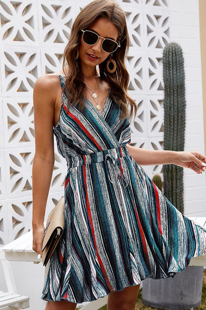 Striped Surplice Neck Spaghetti Strap Dress