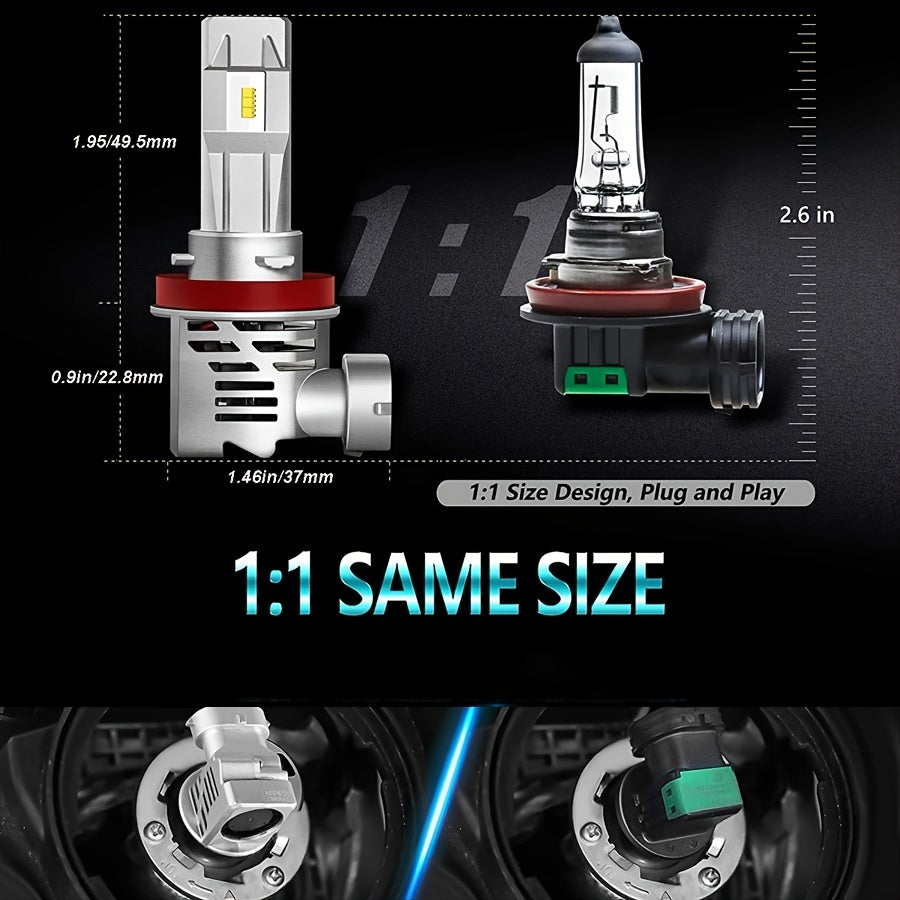 6500K Cool White LED Headlight Bulbs - 12000lm Lumens - Wireless H8 H9 Fog Hight/Low Beam Headlamp - Mini Size