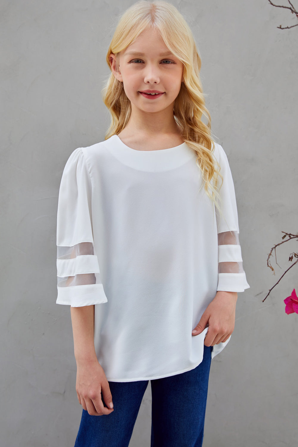 Girls Sheer Striped Flare Sleeve Tee Shirt