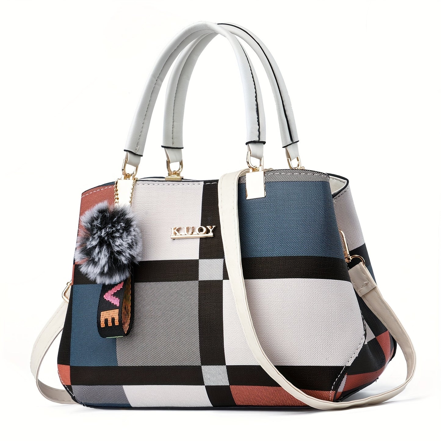 Sac cartable élégant à motif à carreaux – Sac à main à double poignée color block pour sac à bandoulière tendance pour femme 