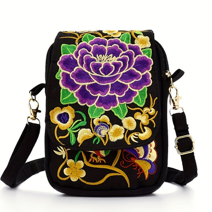 Stylish Women's Embroidered Crossbody Phone Bag with Zipper - Small Canvas Shoulder Bag for Everyday Use