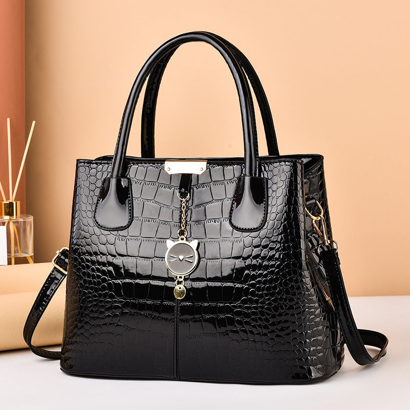 Stylish Crocodile Embossed Handbag - PU Leather Patent Shoulder Bag with Metal Decor and Double Handle for Women