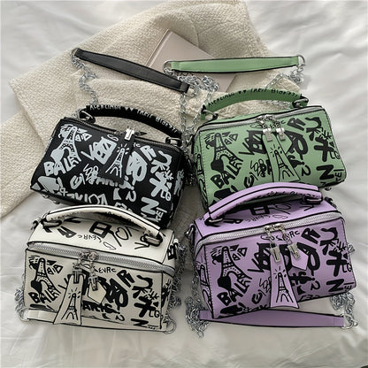 Trendy Graffiti Handbag for Women - Stylish Chain Crossbody Bag with Small Zipper Box Purse