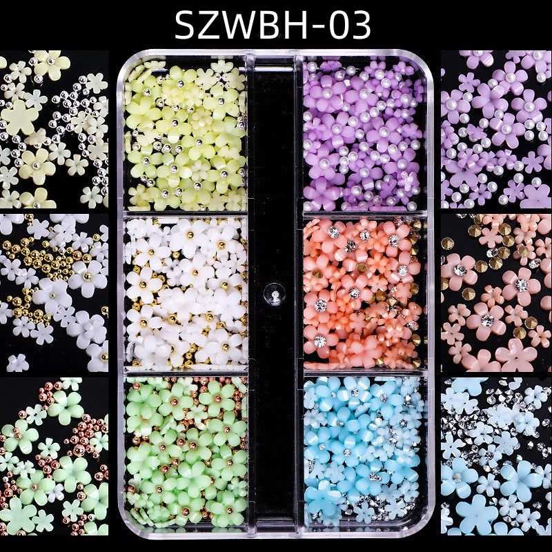 6-Grid Macaron Flower Nail Art Jewelry Set - Mix and Match for Stunning 3D Designs