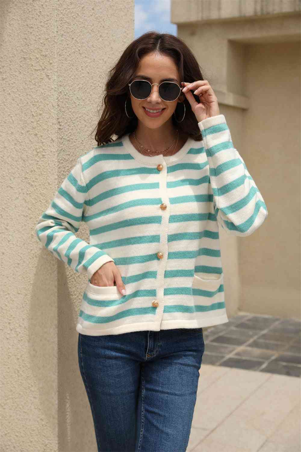 Striped Round Neck Button-Down Dropped Shoulder Cardigan