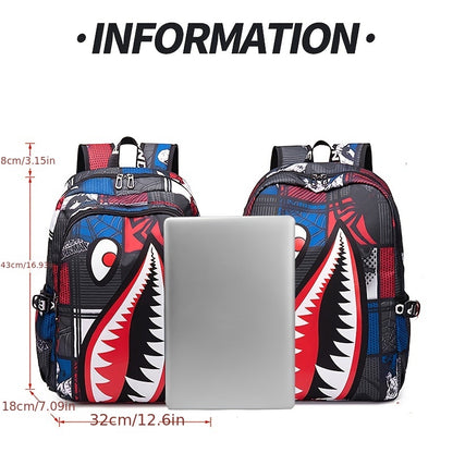 Stylish & Lightweight Schoolbag for Teenagers - Shark Design & Waterproof Breathable Oxford Fabric