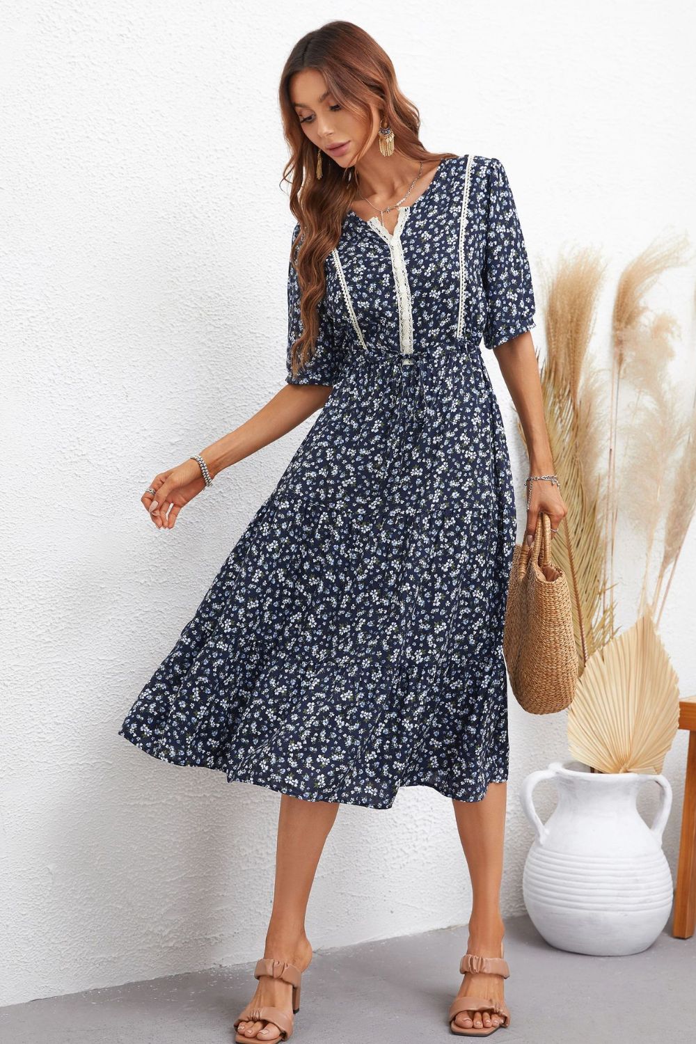 Floral Notched Neck Lace Trim Midi Dress