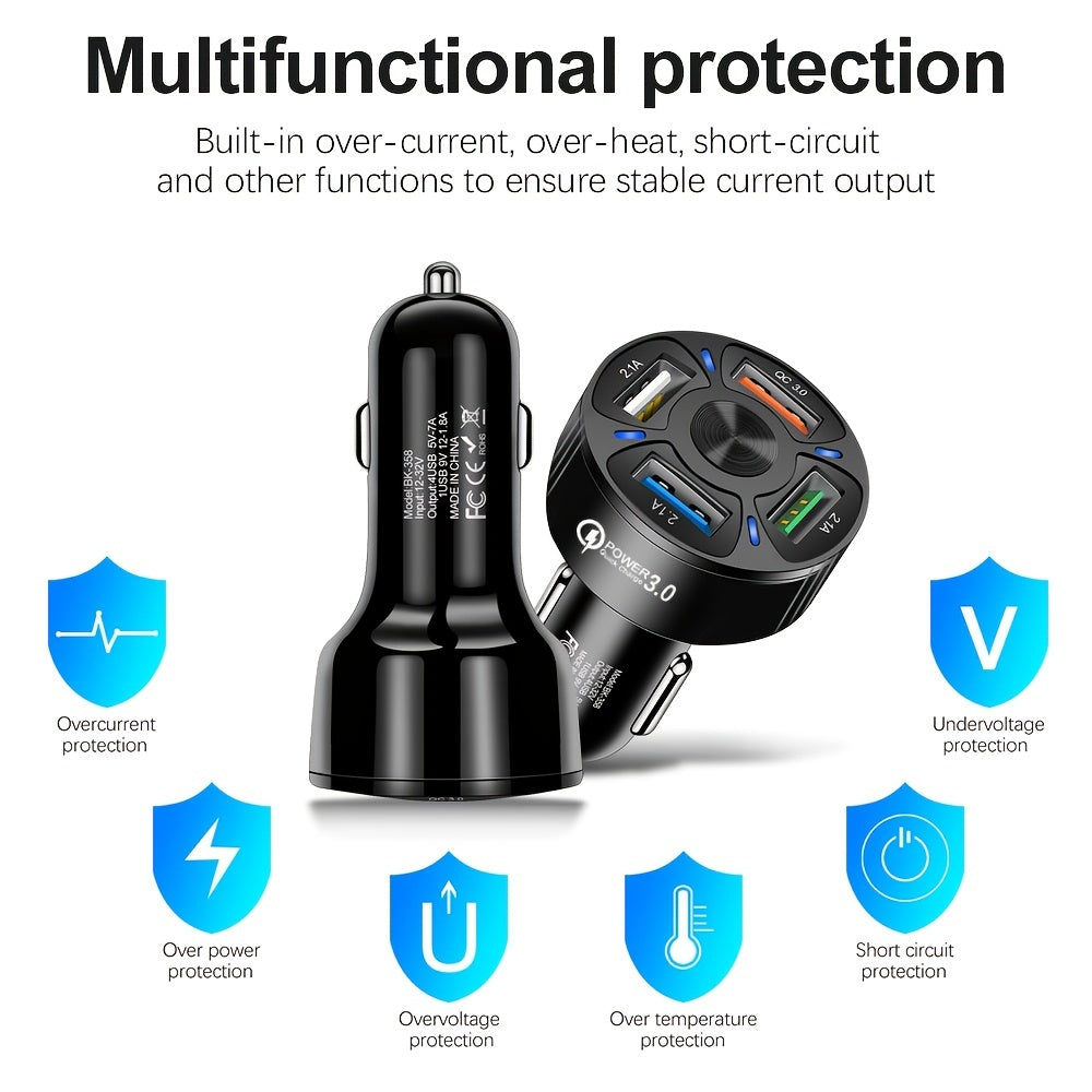 4-in-1 USB Car Charger with 4 Ports - Fast Charging Adapter for Phones and Cigarette Lighter - Mini Design for Convenient Use