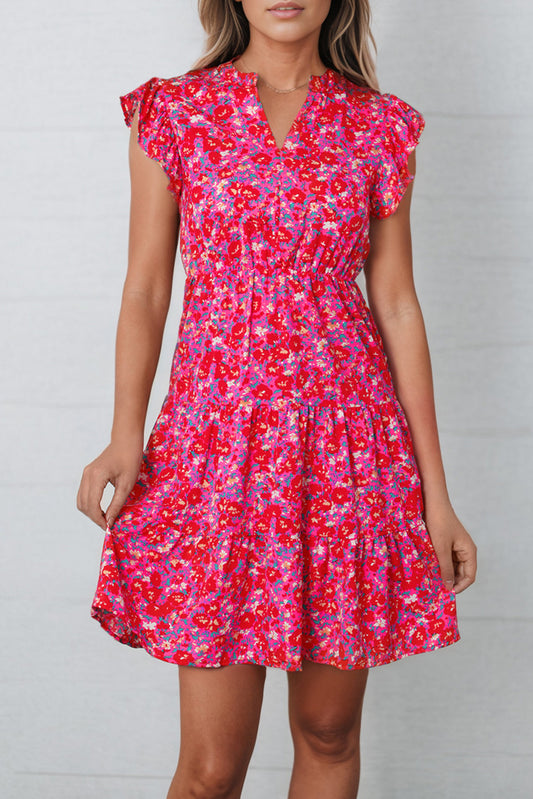 Floral Print Notched Neck Cap Sleeve Mini Dress