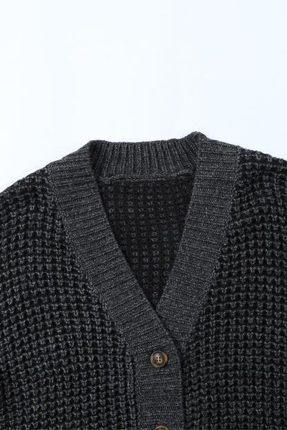 Waffle-Knit Drop Shoulder Button-Down Cardigan