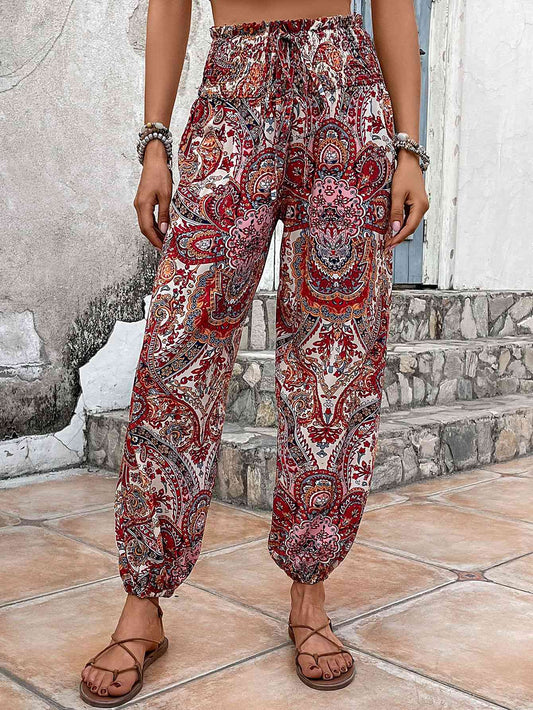 Pantalon smocké taille haute à imprimé cachemire