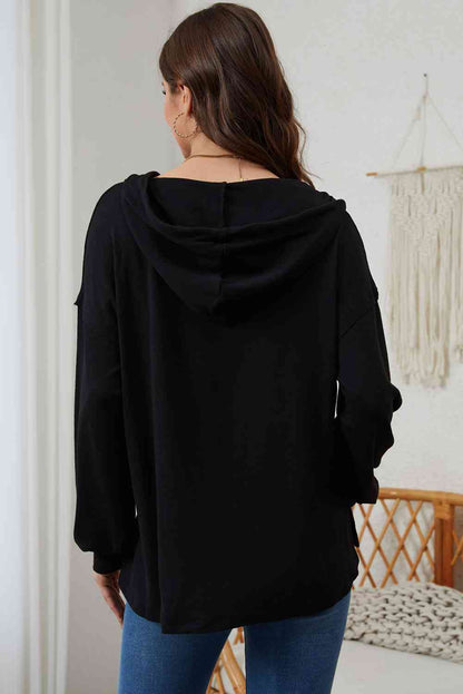 Full Size Buttoned Drop Shoulder High-Low Hoodie