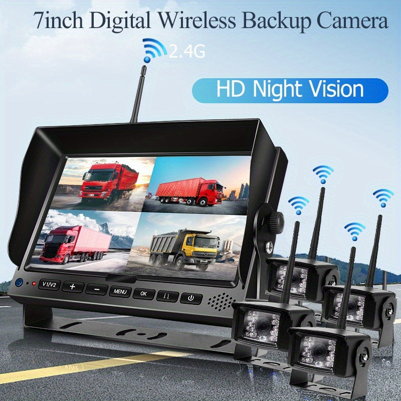 4CH Wireless Backup Camera System: 2.4G Digital Reversing Aid with 256GB Quad Screen for RV/SUV/Van/Truck/Trailer - Rear/Side/Front View Switchable