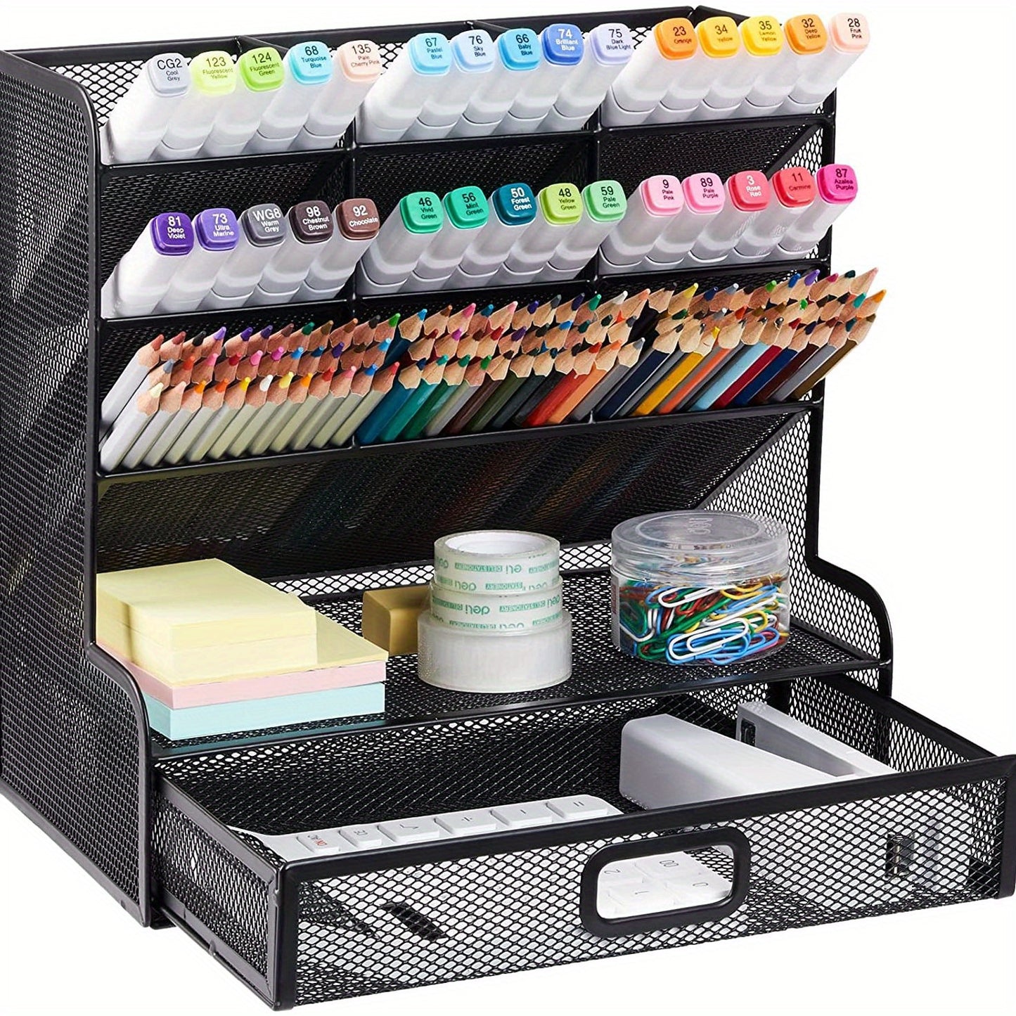 1pc Durable Metal Desk Organizer with 10 Compartments and 1 Drawer - Perfect for Pencils, Office Supplies, and More