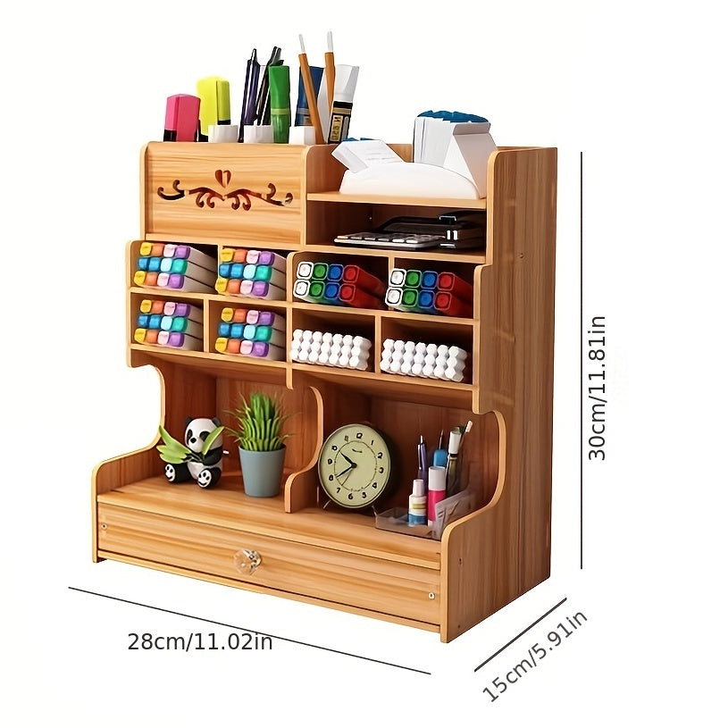 1pc DIY Manual Assembly Wooden Desk Organizer, Multi-Functional DIY Pen Holder, Pen Organizer For Desk, Desktop Stationary, Easy Assembly, Home Office Art Supplies Organizer Storage With Drawer