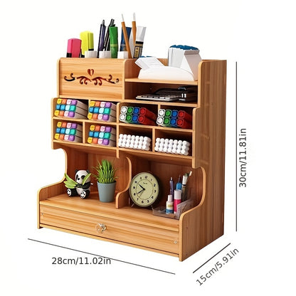 1pc DIY Manual Assembly Wooden Desk Organizer, Multi-Functional DIY Pen Holder, Pen Organizer For Desk, Desktop Stationary, Easy Assembly, Home Office Art Supplies Organizer Storage With Drawer