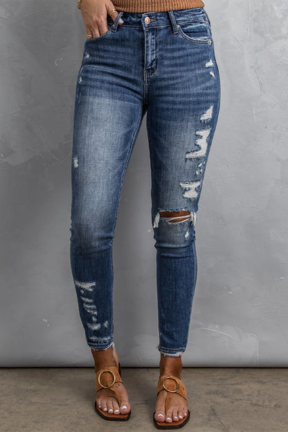 Jean skinny taille haute effet vieilli