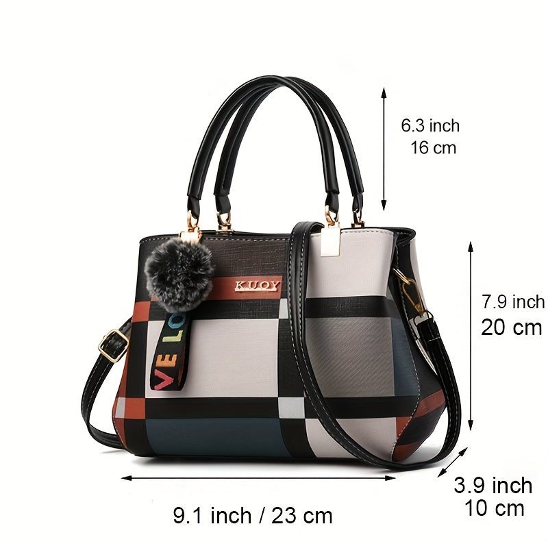 Sac cartable élégant à motif à carreaux – Sac à main à double poignée color block pour sac à bandoulière tendance pour femme 