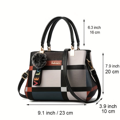 Sac cartable élégant à motif à carreaux – Sac à main à double poignée color block pour sac à bandoulière tendance pour femme 