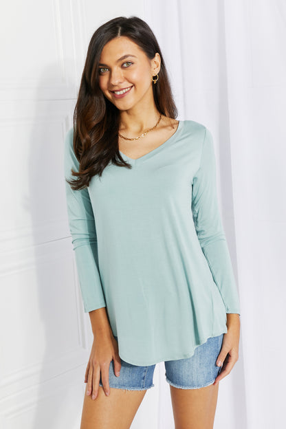 Zenana Full Size V-Neck Curved Hem Top in Light Green