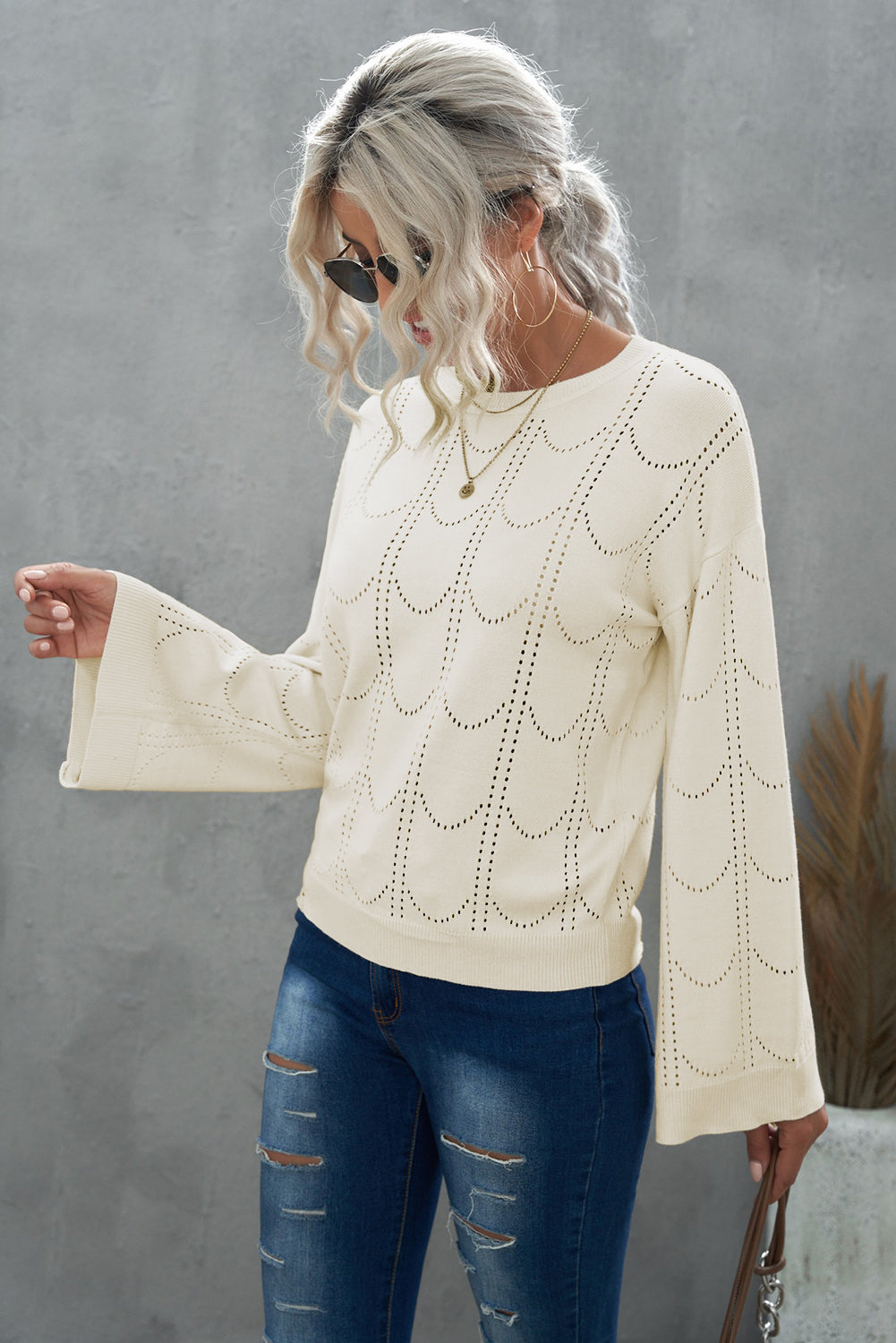 Openwork Flare Sleeve Pullover Sweater