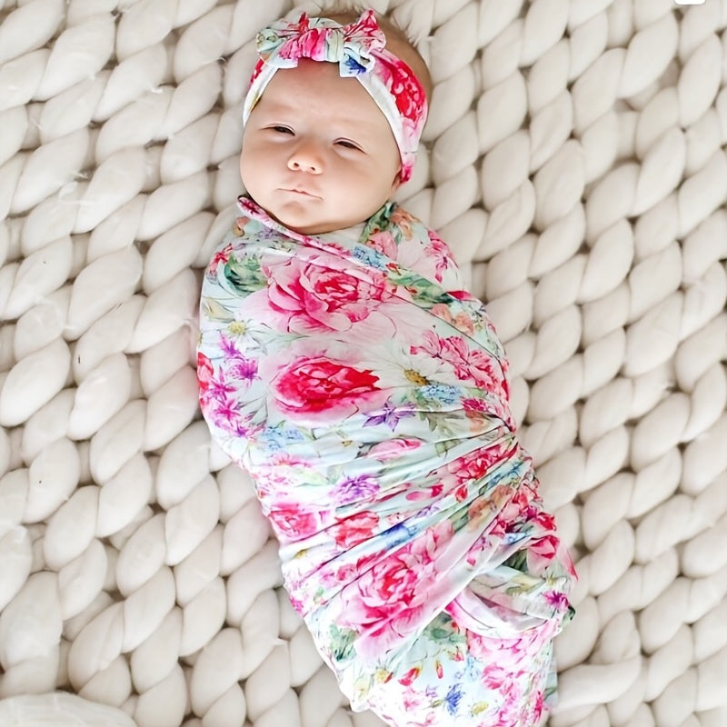 2pcs Flower Print Baby Receiving Blanket and Headband Set - Soft and Cozy Swaddle for Newborns