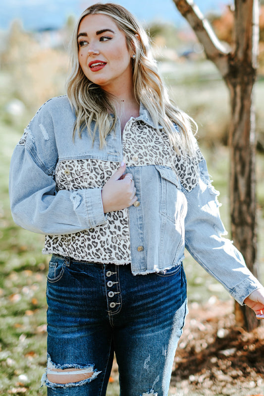 Veste en Jean Épissée en Effet Déchiré Léopard de Grande Taille à Ourlet Brut