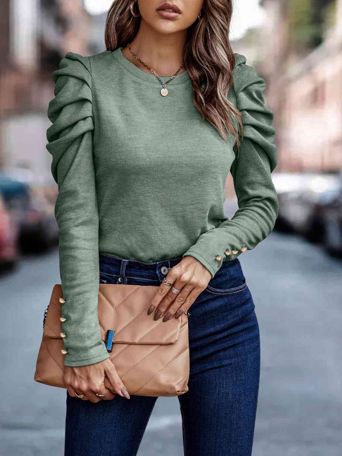 Decorative Button Puff Sleeve T-Shirt