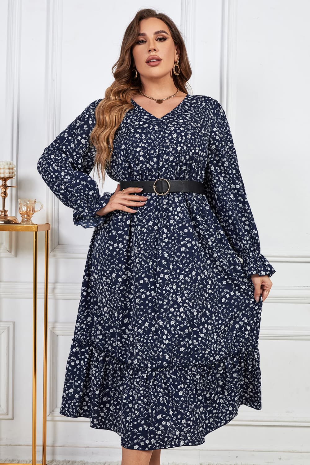 Melo Apparel Plus Size Floral Print V-Neck Flounce Sleeve Midi Dress