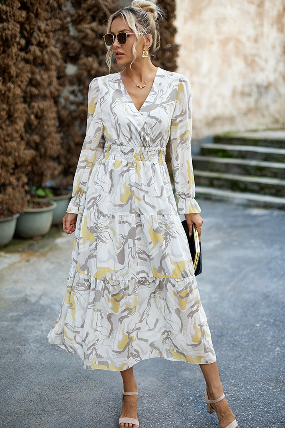 Printed Surplice Neck Flounce Sleeve Midi Dress