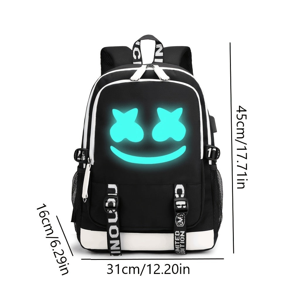 Stylish USB Charging Happy Face Backpack - Waterproof, Durable & Perfect for School!