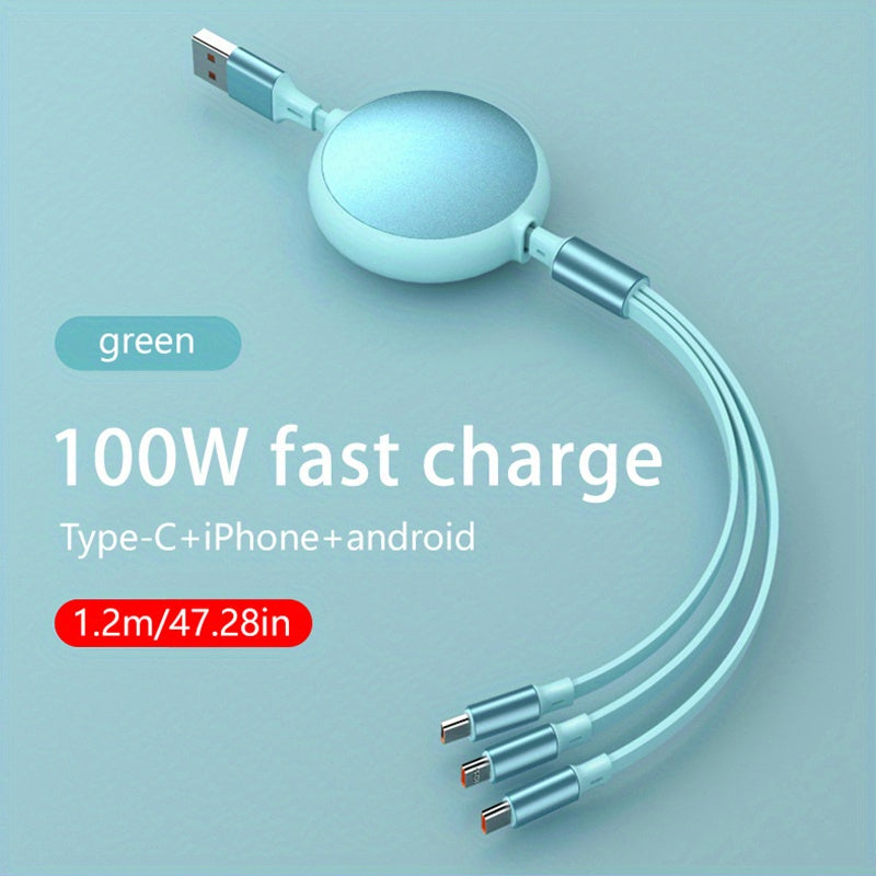 100W Super Fast Charge 3-in-1 Retractable Charging Cable for Apple, Android, and Type-C - Multifunctional Mobile Phone and Electronic Accessories Charger