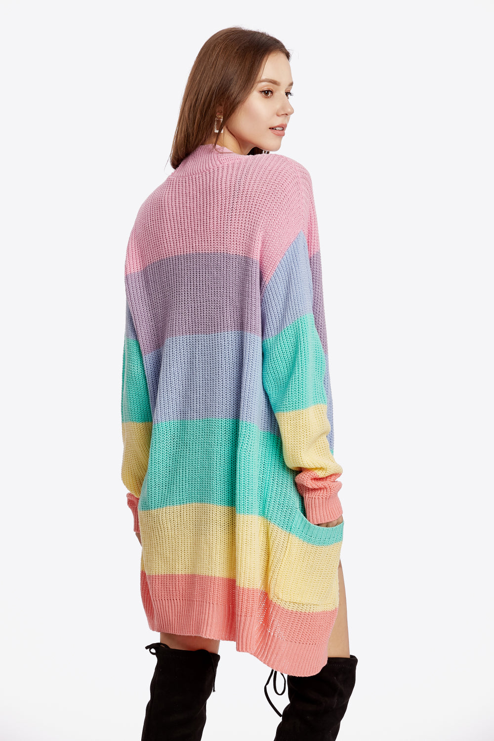 Color Block Open Front Drop Shoulder Cardigan with Pockets