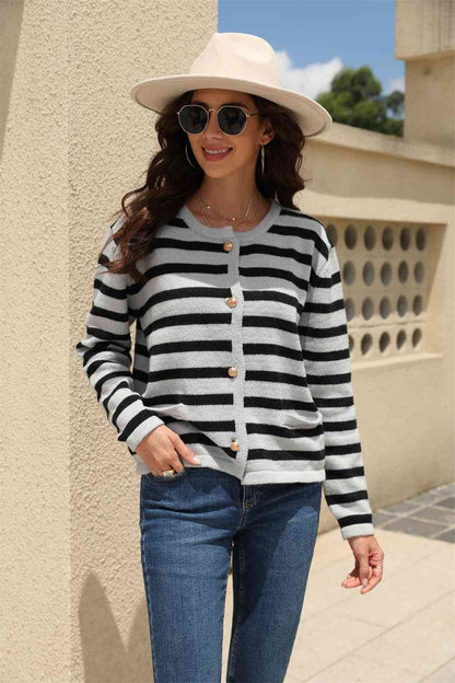 Striped Round Neck Button-Down Dropped Shoulder Cardigan