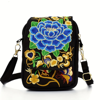 Stylish Women's Embroidered Crossbody Phone Bag with Zipper - Small Canvas Shoulder Bag for Everyday Use