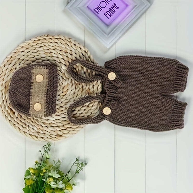 Adorable Newborn Baby Boy Crochet Photo Prop Set - Buttoned Hat, Pants, and Overalls for Memorable Photography Sessions