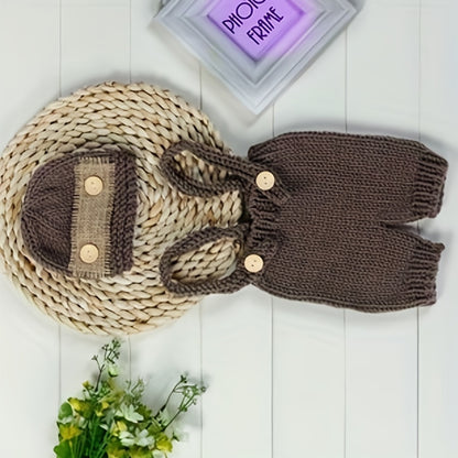 Adorable Newborn Baby Boy Crochet Photo Prop Set - Buttoned Hat, Pants, and Overalls for Memorable Photography Sessions