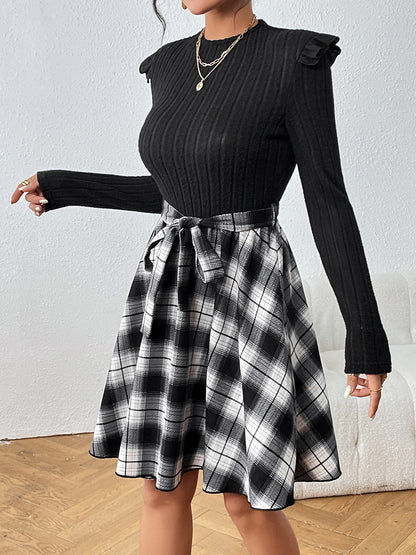 Plaid Ruffle Shoulder Round Neck Dress