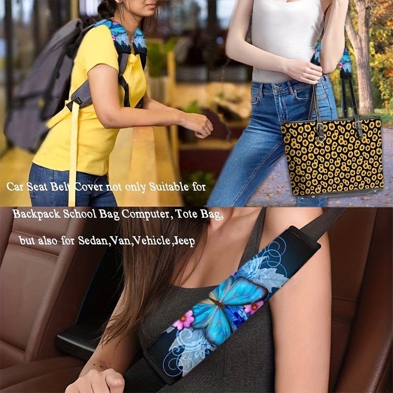 2pcs Blue Butterfly Car Seat Belt Covers, Adult And Child Shoulder Belt Covers, And Seat Belt Shoulder Pads