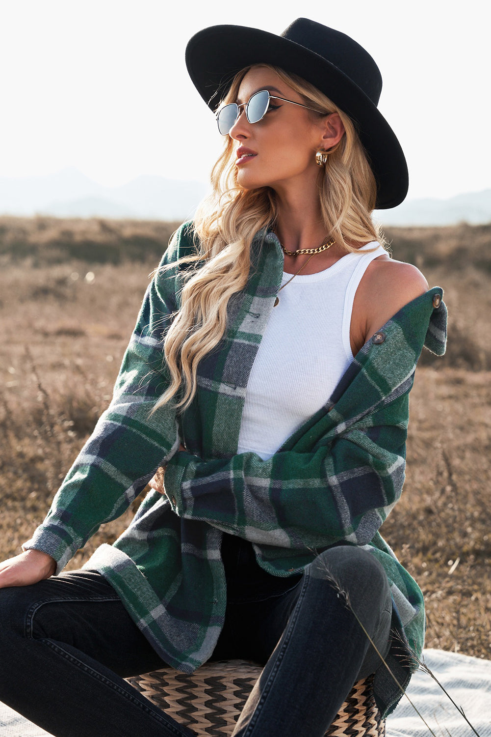 Plaid Dropped Shoulder Pocketed Shirt Jacket