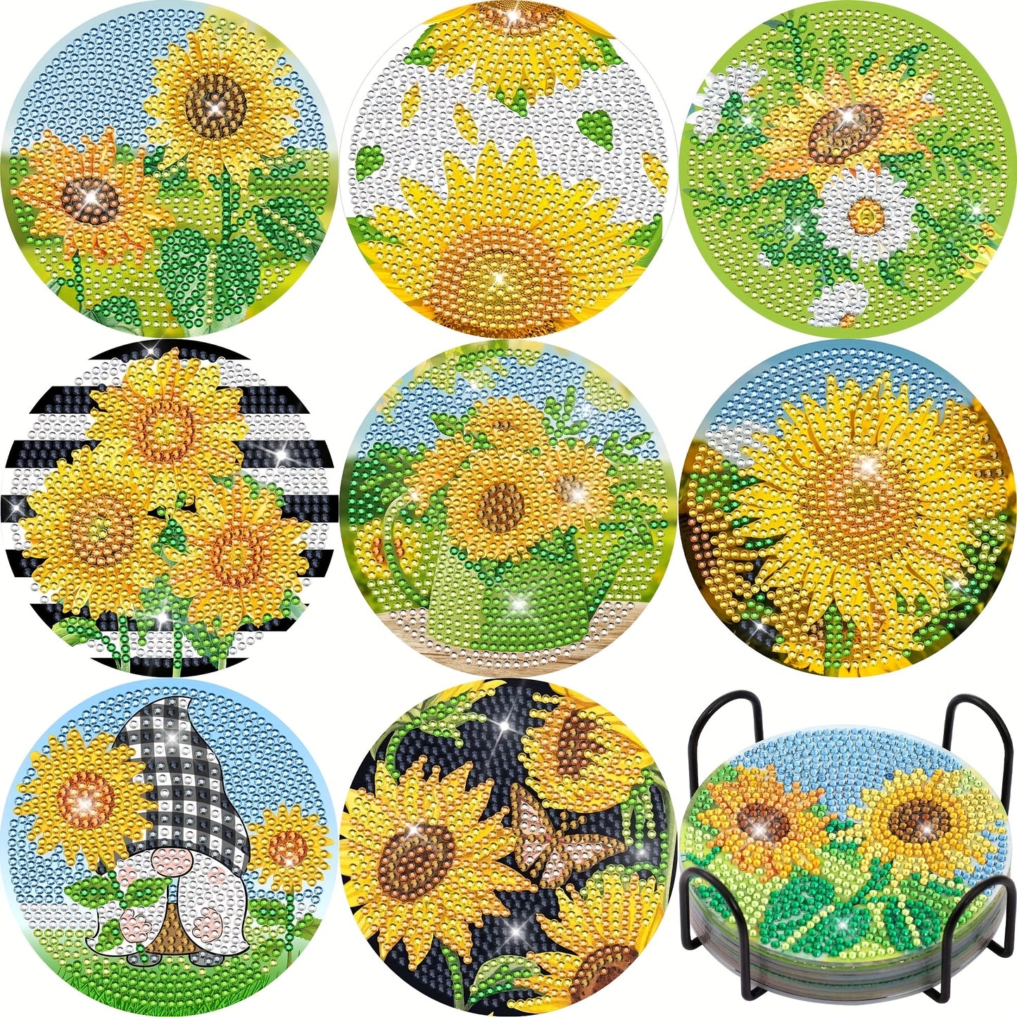 8pcs/set Artificial Diamond Painting Coasters - Sunflower Pattern Decor With Shelves - Perfect Home Decor!