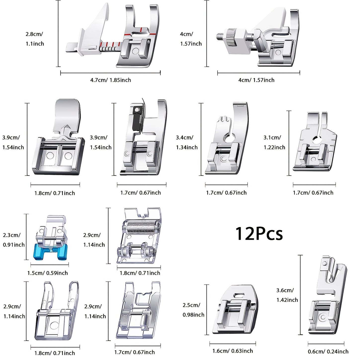 Ensemble de 12 pieds-de-biche pour machine à coudre – Pied-de-biche multifonctionnel pour machines à coudre à tige basse – Compatible avec Singer, Brother, Babylock, Euro-Pro, Janome, Kenmore, White, Juki, New Home, Simplicity 