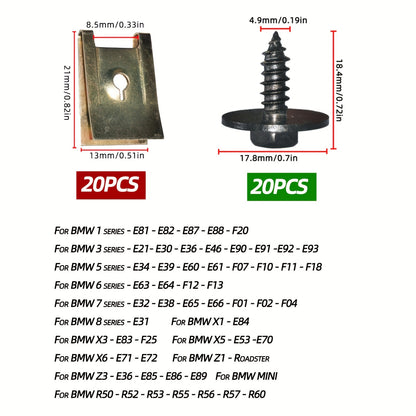 40pcs Metal Nut Screws - Perfect for BMW E46, E92, E90 & F10 - Chassis Engine Guard Metal Nut Washers U-Nut Clip Engine Shield Bumper Guard Cross Screws