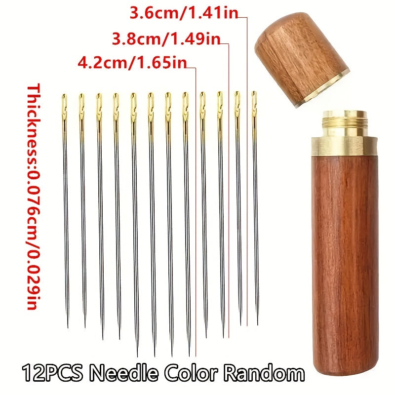 12pcs Easy-to-Use Hand Sewing Needles with Large Eye Hole and Wooden Storage Box