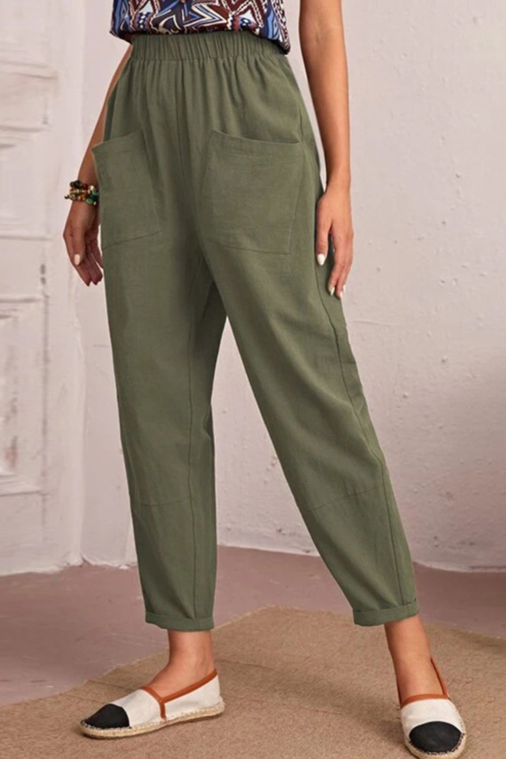 Elastic Waist Pocket Tapered Pants