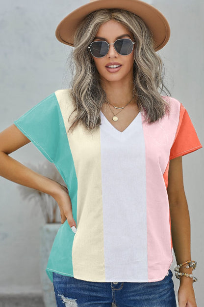 Color Block V-Neck Short Sleeve Top