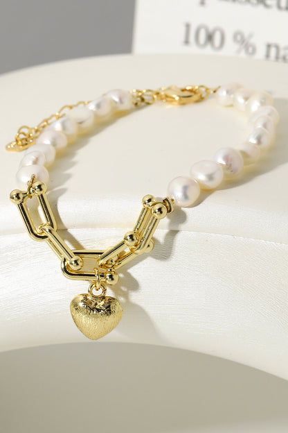 14K Gold Plated Heart Charm Pearl Bracelet