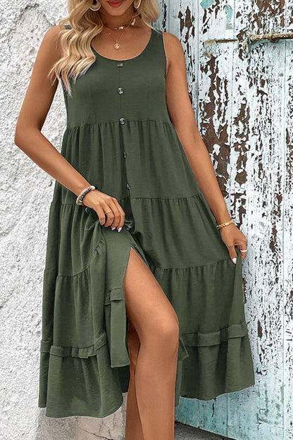 Decorative Button Scoop Neck Tiered Sleeveless Dress