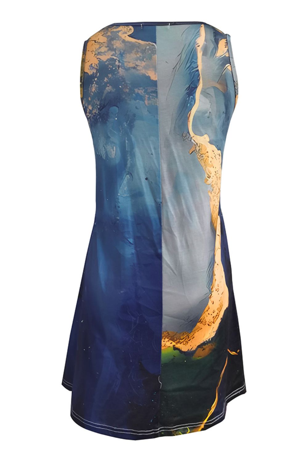 Abstract Print Round Neck Sleeveless Dress with Pockets