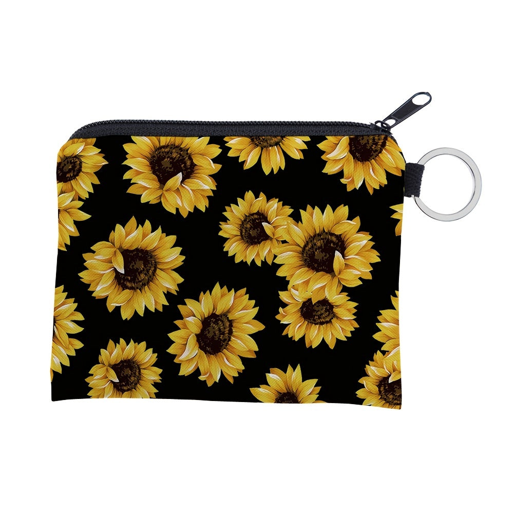 Sunflower Print Coin Purse: Cute Makeup Bag & Casual Earphone Storage Clutch Organizer